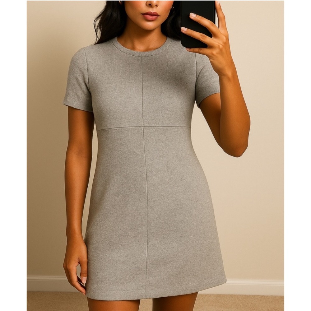 Zara Grey Knit Short Sleeve Seam Detail Mini Shift Dress Size Small